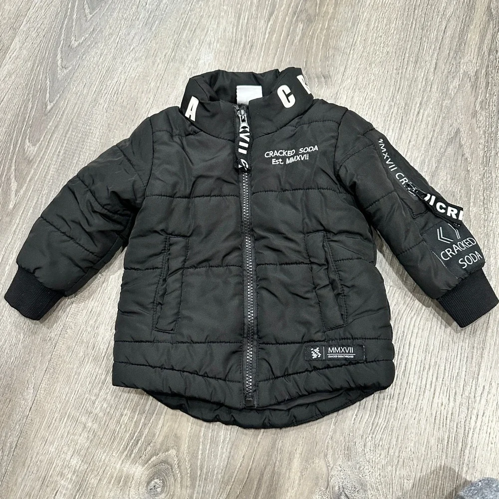 Cracked Soda Kids Black Puffer Jacket and Grey Fleece‎ Booties Set 6-12M MMXVII